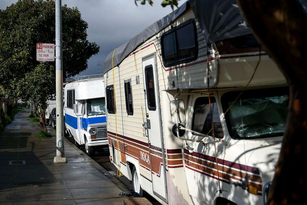 RV's are seen lined up on Caesar Chavez Street in San Francisco, Calif., on Monday, February, 2019. San Francisco Supervisor Vallie Brown is proposing legislation designed to help people camping in their cars and RV's by giving them a designated and safe place to park.