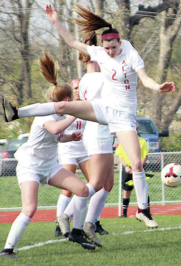 Megan Zini of Alton (2) assisted teammate Morgan Rauscher on Alton’s first goal of Tuesday’s 3-0 Senior Night win over Breese Mater Dei at AHS. She is shown in previous action. Photo: Pete Hayes | The Telegraph