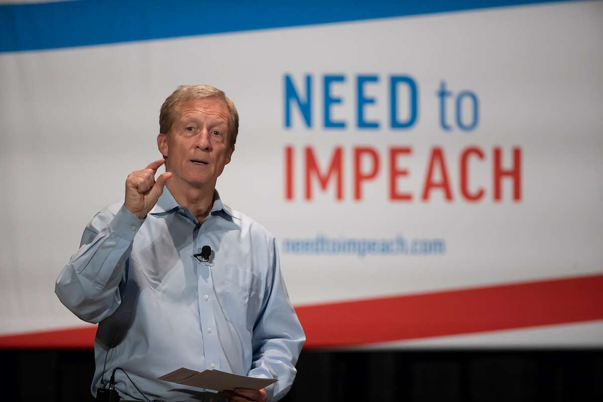 Tom Steyer is on stage and speaking about impeaching President Donald Trump on Tuesday, April 23, 2019, in Pleasanton, CA.