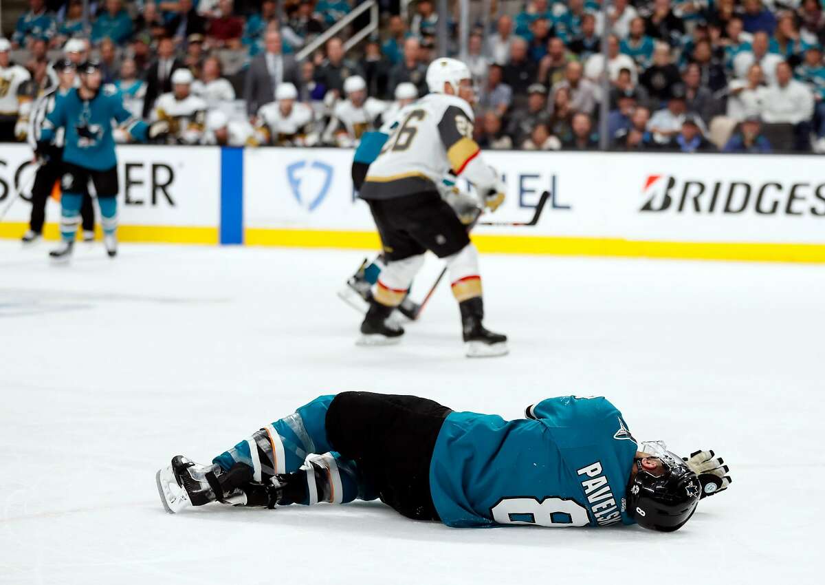 San Jose Sharks' Joe Pavelski is injured in 3rd period against Vegas Golden Knights during Game 7 of NHL Western Conference 1st round playoff game at SAP Center in San Jose, Calif., on Tuesday, April 23, 2019.