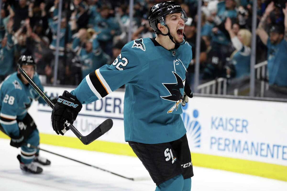 San Jose Sharks' Kevin Labanc celebrates his go-ahead goal against Vegas Golden Knights in 3rd period during Game 7 of NHL Western Conference 1st round playoff game at SAP Center in San Jose, Calif., on Tuesday, April 23, 2019.