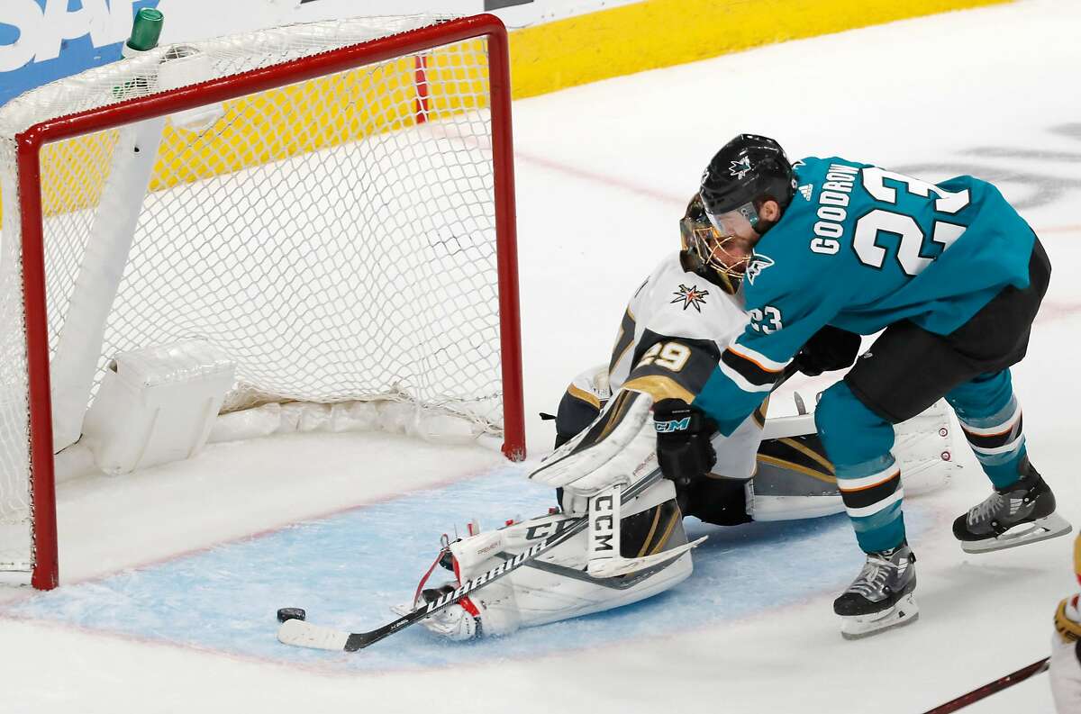 San Jose Sharks' Barclay Goodrow (23) scores the winning goal against Vegas Golden Knights goaltender Marc-Andre Fleury (29) during overtime of Game 7 of an NHL hockey first-round playoff series Tuesday, April 23, 2019, in San Jose, Calif.
