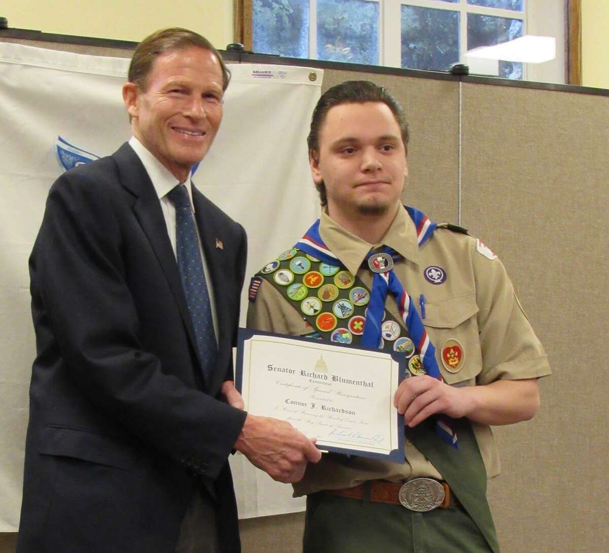 BSA Troop 5 of Brookfield and Troop 65 of Roxbury, Bridgewater and Washington recently recognized Connor Richardson as an Eagle Scout. Senator Richard Blumenthal, left, attended the ceremony and presented Connor with a Senate Award of Special Recognition.