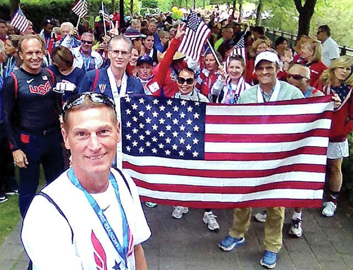 Wood River’s Mike Young, foreground, will compete in the 125th running of the prestigious Penn Relays Friday at Franklin Field in Philadelphia. He will run the Masters 100-meter dash and be part of a Masters 4x200-meter relay team. Young is shown above as a member of Team USA at the 2016 Americas Masters Games in Vancouver, British Columbia.