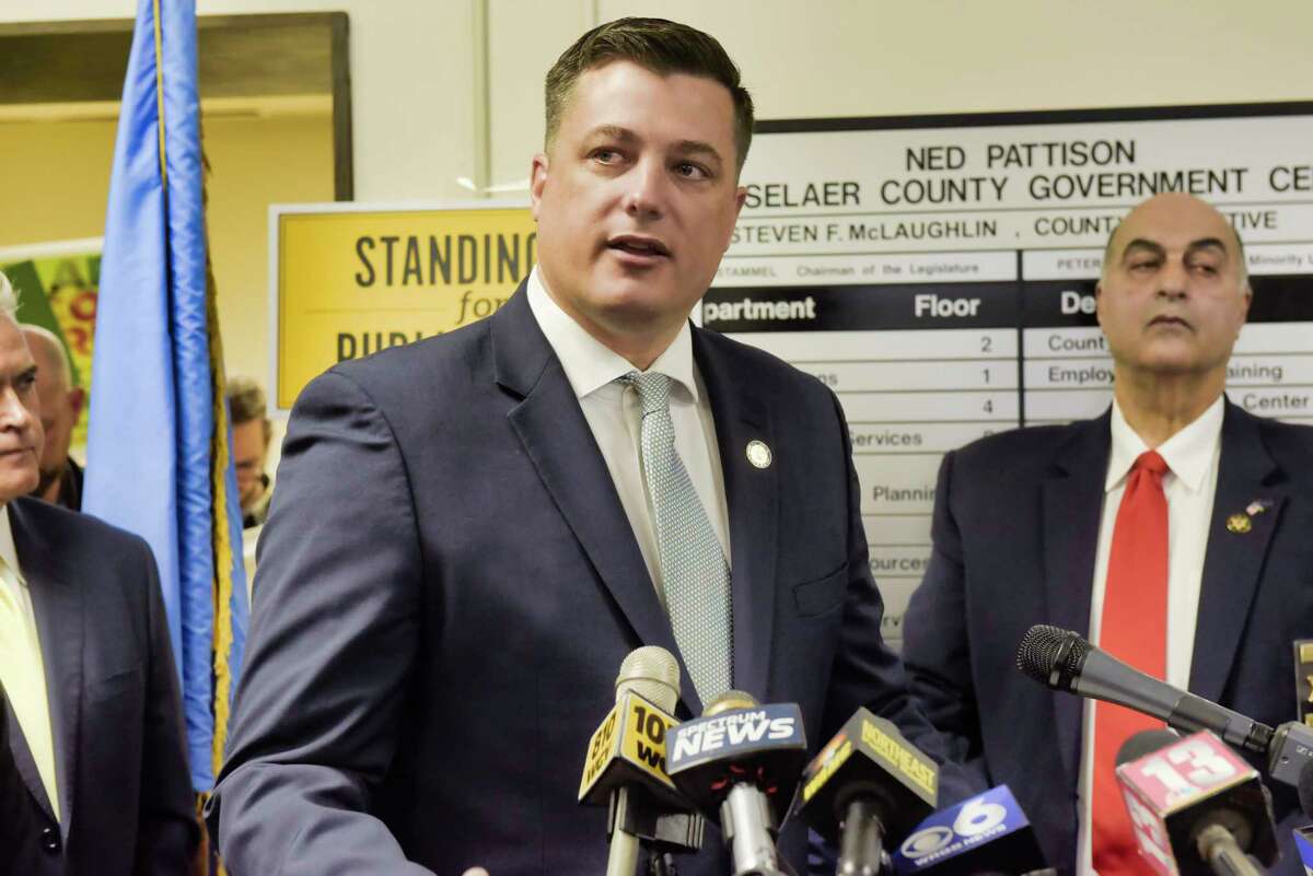 Assemblyman Jake Ashby voices his opposition to legislation that would provide illegal immigrants with driver's license during a press event at the Rensselaer County DMV office on Wednesday, April 24, 2019, in Troy, N.Y. (Paul Buckowski/Times Union)