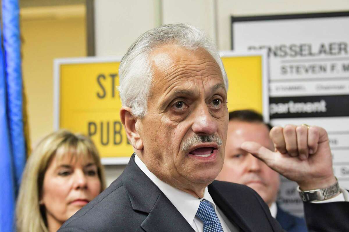 Rensselaer County Clerk Frank Merola voices his opposition to legislation that would provide illegal immigrants with driver's license during a press event at the Rensselaer County DMV office on Wednesday, April 24, 2019, in Troy, N.Y. (Paul Buckowski/Times Union)