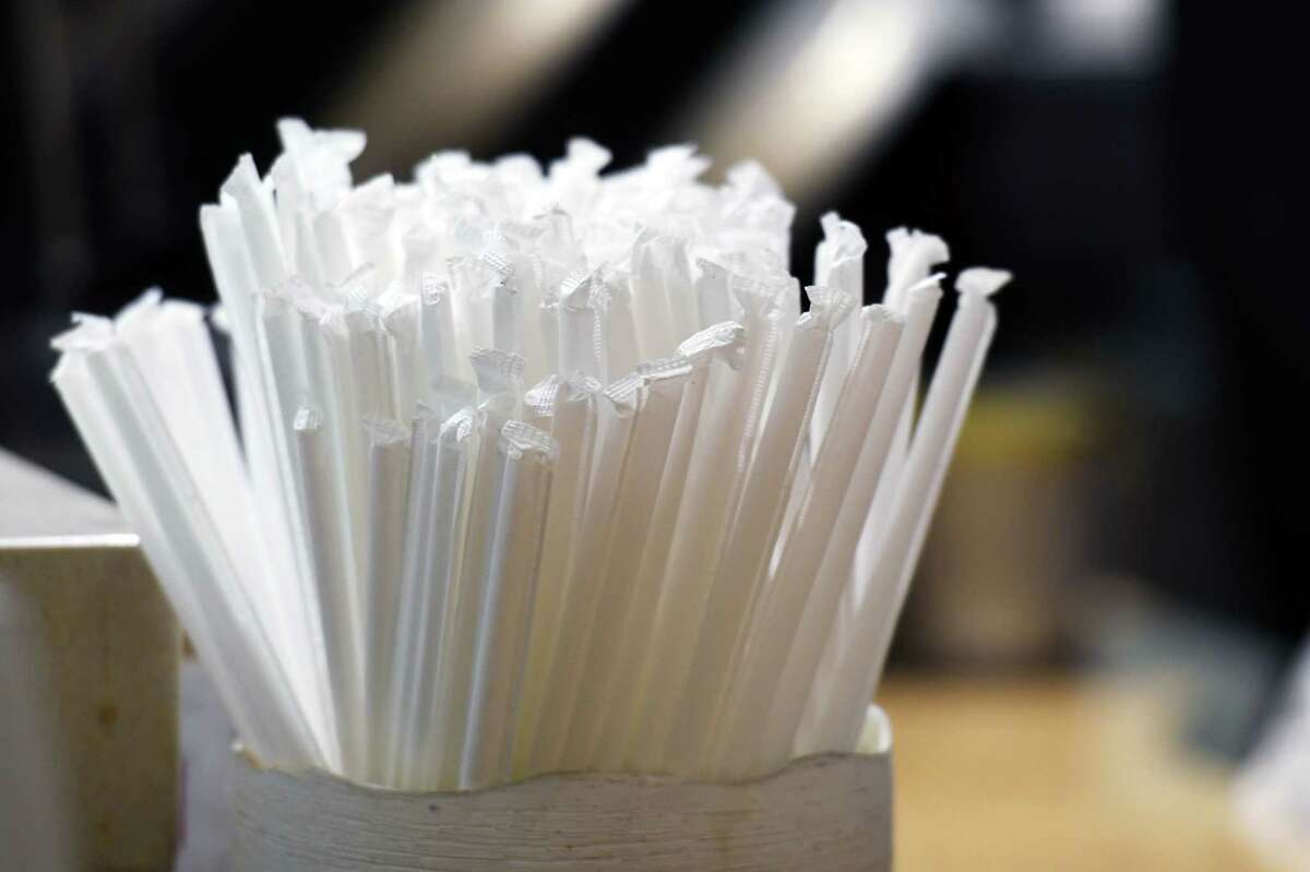 Straws sit available for student's beverages on Wednesday, April 24, 2019 at UAlbany's Student Center dining hall in Albany, NY. (Phoebe Sheehan/Times Union)