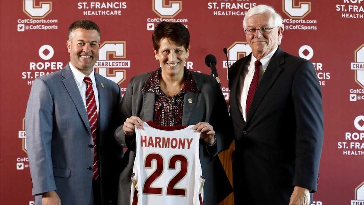 Robin Harmony (middle), who spent the last six season coaching the Lamar University women's basketball team, was introduced on Wednesday as the next at the College of Charleston. Photo provided by College of Charleston athletics.