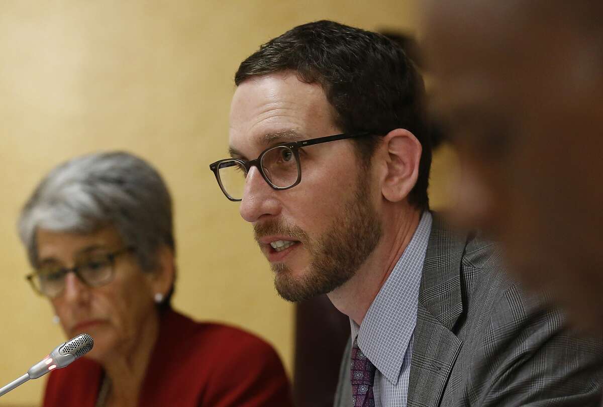 California state Sen. Scott Wiener, D-San Francisco speaks at a Senate Public Safety Committee hearing Tuesday, April 23, 2019, in Sacramento, Calif. Wiener's controversial proposal to increase housing near transportation and job hubs faces a key test Wednesday, April 24, 2019, as California lawmakers search for solutions to the state’s housing affordability crisis. (AP Photo/Rich Pedroncelli)