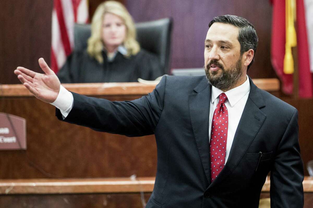 Defense attorney Rick DeToto gives his closing arguments in the trial of Antonio Armstrong, Jr., on Wednesday, April 24, 2019, in Houston. He's accused of killing his parents, Dawn Armstrong and ex-NFL player Antonio Armstrong, Sr., on July 29, 2016 at their Bellaire-area home.