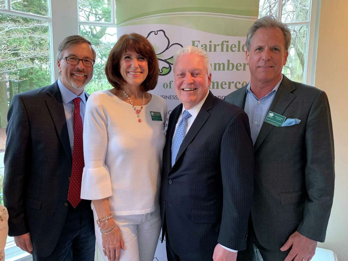 Chamber of Commerce Spring Fling supporters included from left, Mark Barnhart, Fairfield’s Director of Economic Development; Chamber President and event host Beverly Balaz; First Selectman Mike Tetreau and the Chamber Chairman of the Board John Rosenau.