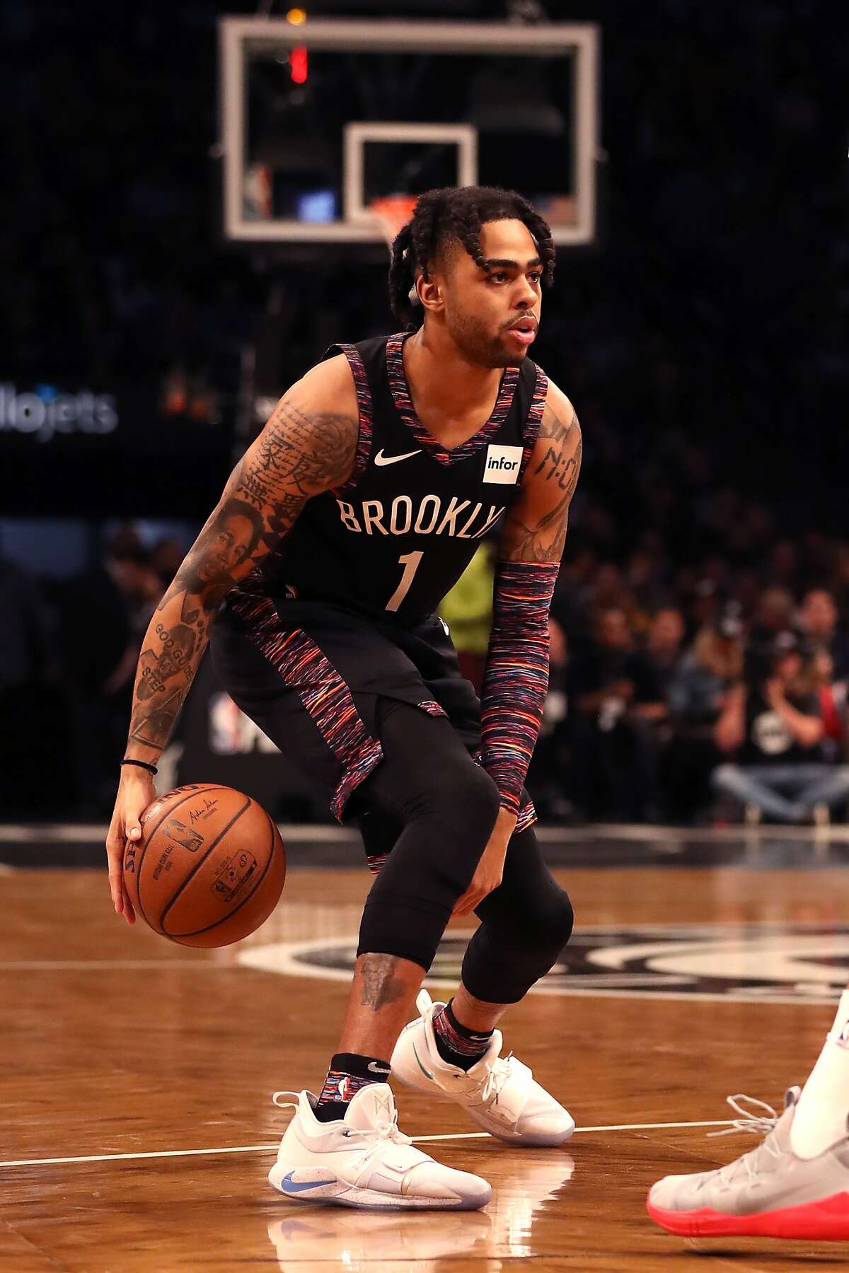D'Angelo Russell #1 of the Brooklyn Nets handles the ball in the first quarter against the Philadelphia 76ers during game three of Round One of the 2019 NBA Playoffs at Barclays Center on April 18, 2019 in the Brooklyn borough of New York City.