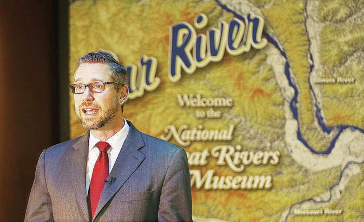 Illinois State Treasurer Michael Frerichs talks at the National Great Rivers Museum adjacent to the Melvin Price Locks and Dam 26 in Alton last year.