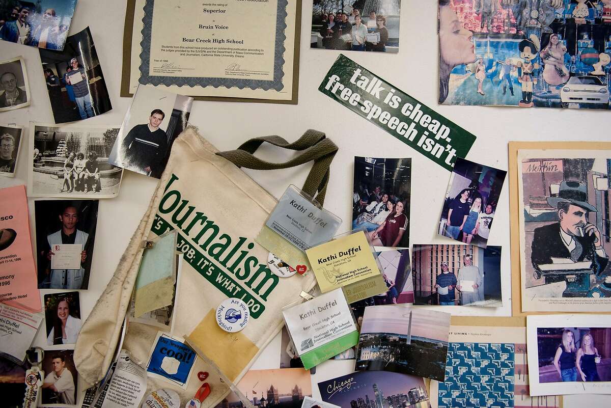 A wall covered in pro-journalism slogans is seen in Kathi Duffel's journalism classroom at Bear Creek High School in Stockton, Calif, on Wednesday, April 24, 2019. The Stockton school district is threatening to fire Kathi Duffel, faculty adviser for the Bruin Voice student newspaper, if she doesn't show them a certain story in advance, violating the papers First Amendment freedom of the press rights.