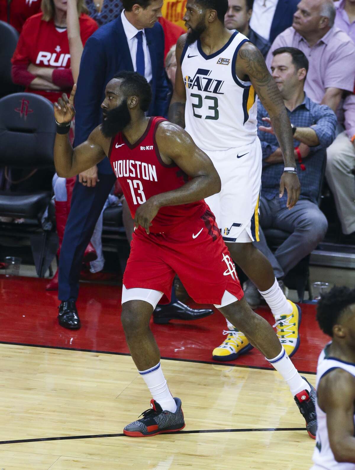 Houston Rockets guard James Harden (13) celebrates a three point shot during Game 5 of an NBA first round playoff series at Toyota Center in Houston, Wednesday, April 24, 2019.