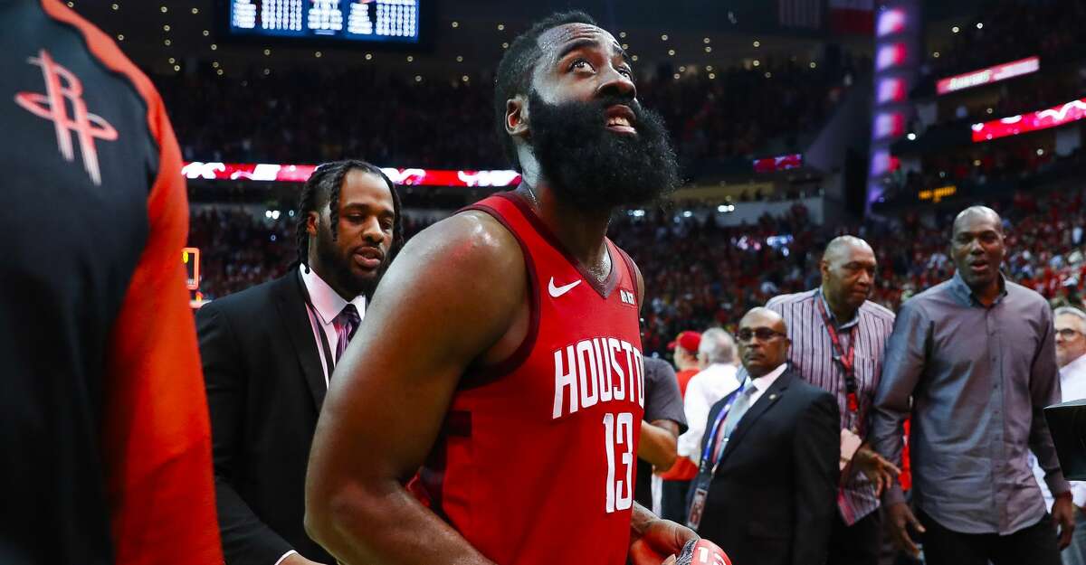 Houston Rockets guard James Harden (13) walks off of the court at the conclusion of game 5 of the NBA playoffs at theToyota Center, in Houston, Wednesday, April 24, 2019.