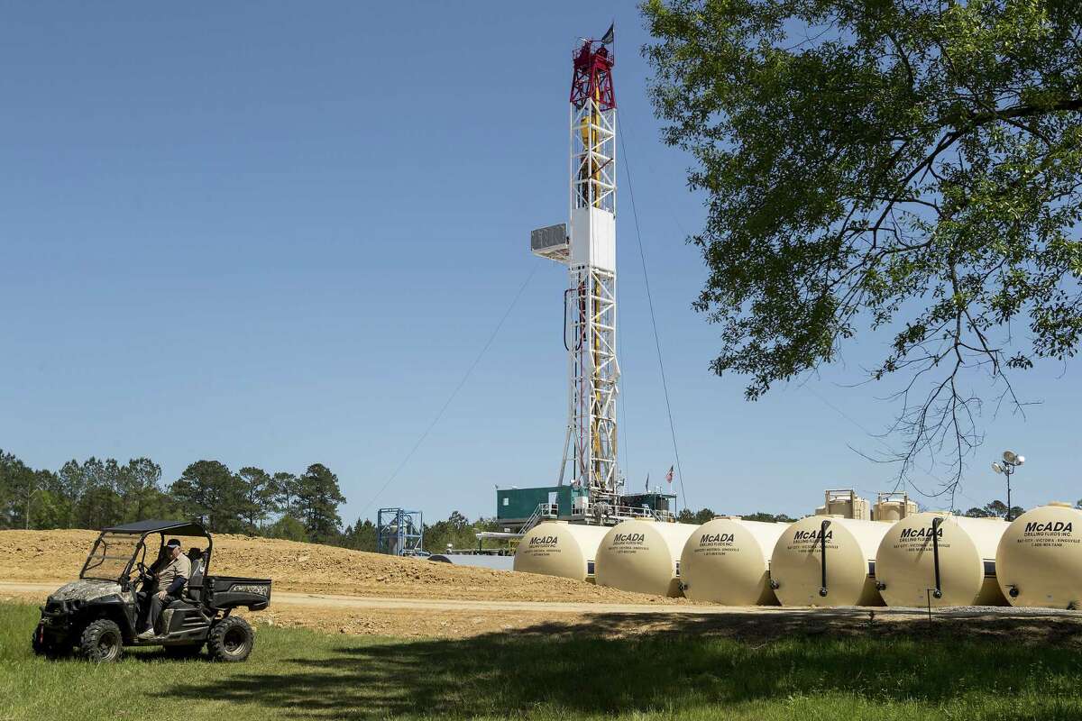 Herbert Erwin rides past the rig on his land as drilling commences on the Erwin #1 well site on Tuesday, April 2, 2019, in St. Francisville, La. The Austin Chalk shale play that stretches from Texas into Louisiana is potentially being seen as a next big oil and gas play for Houston energy companies.