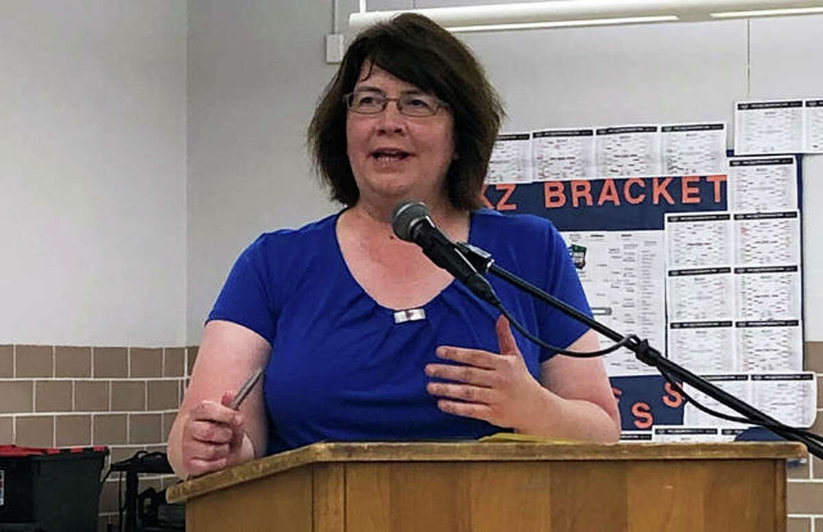 Monica Laurent, President of the District 7 Board of Education, speaks at a meeting Tuesday. She will be stepping down from her seat after 16 years of service.