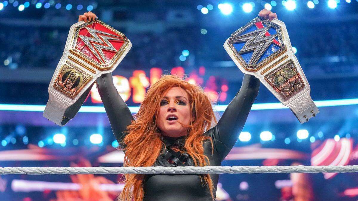 WWE Superstar Becky Lynch celebrates her title triumph at WrestleMania 35, which was held April 7, 2019, in East Rutherford, N.J.