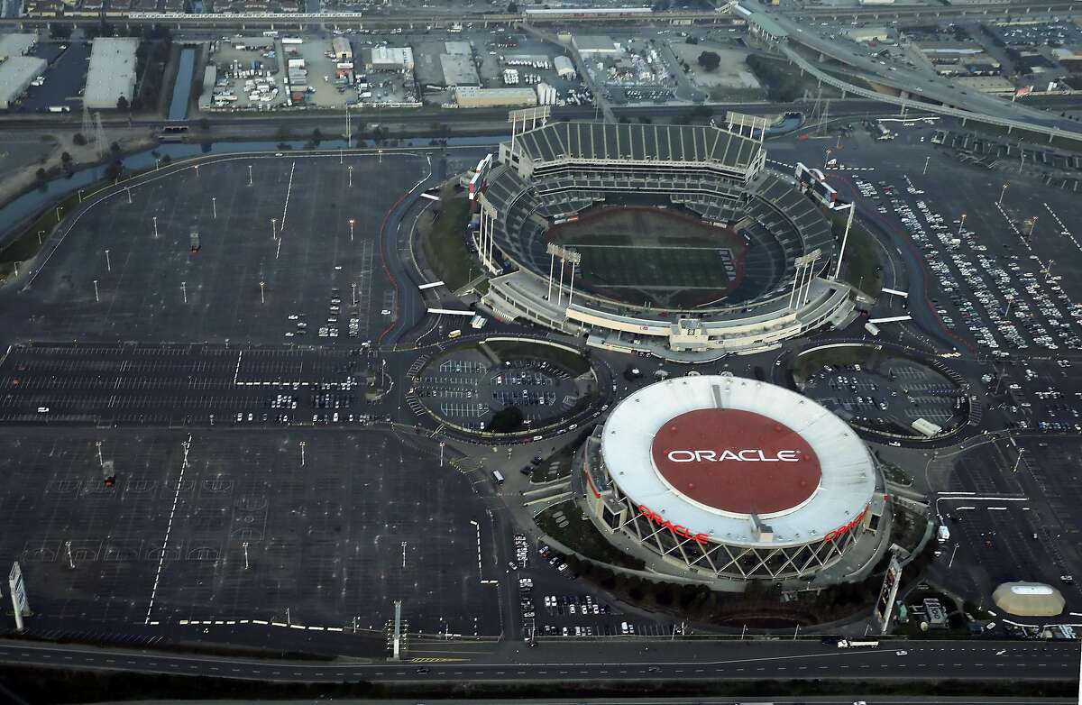Aerial view of the O.co Coliseum/Oracle Arena complex in Oakland, Calif., on Wednesday, January 14, 2015.