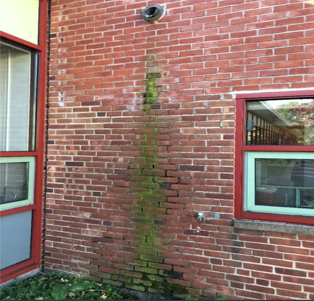 A clogged roof drain led to running water over the side of the building at Newfield Elementary School, resulting in heavy mold on the inside of the wall.