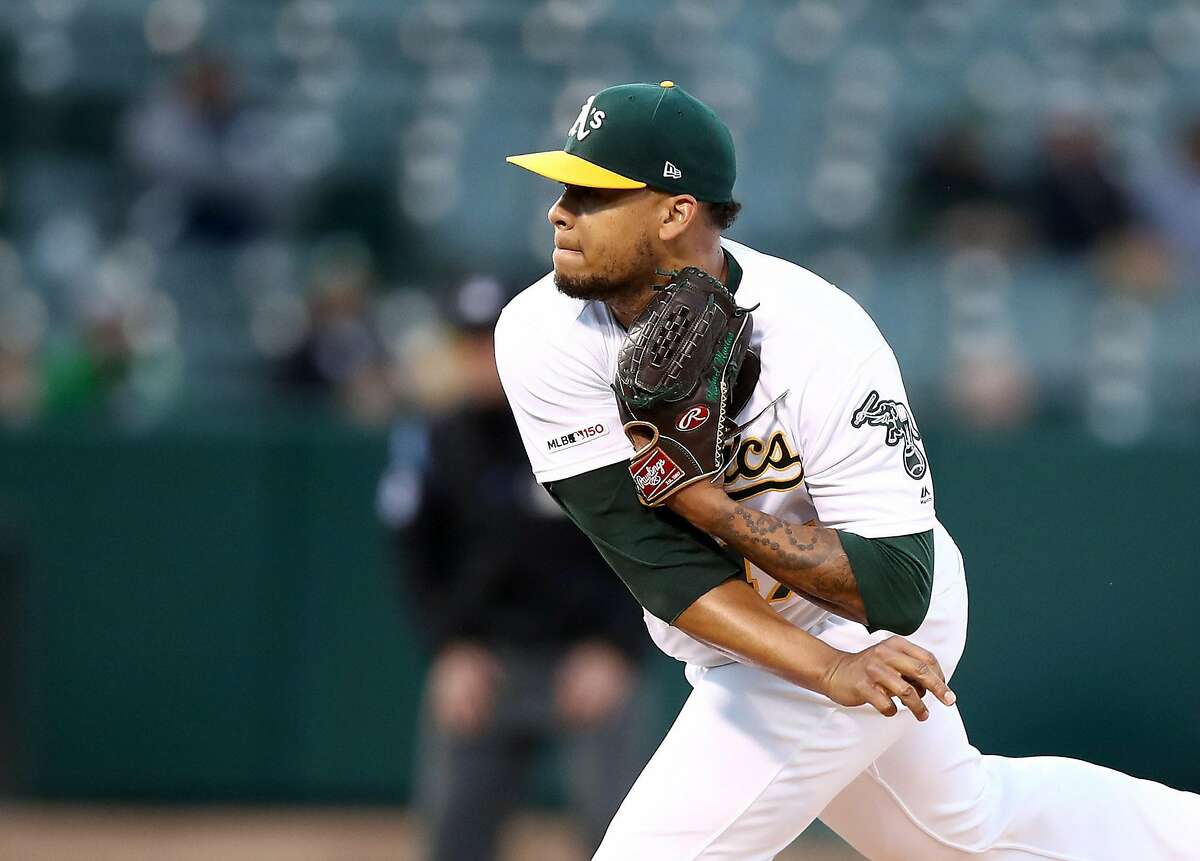 OAKLAND, CALIFORNIA - APRIL 17: Frankie Montas #47 of the Oakland Athletics pitches against the Houston Astros in the first inning at Oakland-Alameda County Coliseum on April 17, 2019 in Oakland, California. (Photo by Ezra Shaw/Getty Images)