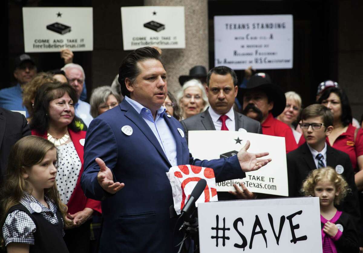 Texas conservative Weston Martinez of San Antonio speaks during a press conference as part of "Save Chick-Fil-A Day" at the Texas state capital extension on Wednesday, April 17, 2019 in Austin. (Ashley Landis/The Dallas Morning News)