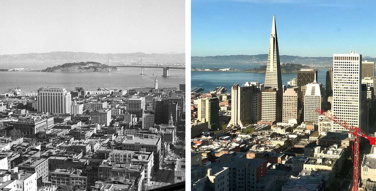 A view of downtown San Francisco from the Top of the Mark nightclub at the Mark Hopkins hotel in 1954 and 2019.