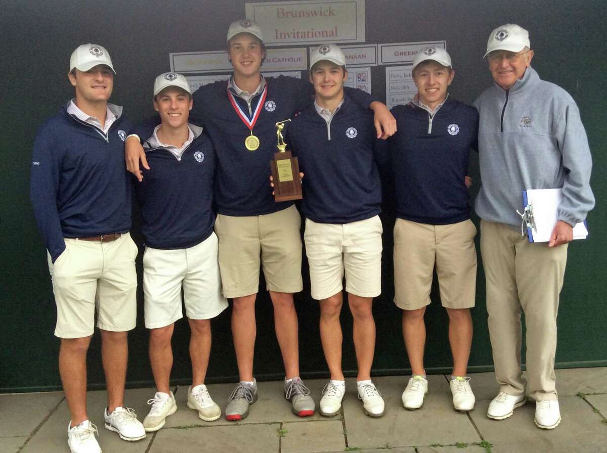 The Brunswick School golf team won the Brunswick Invitational on Thursday at The Round Hill Club in Greenwich. The team included from left: Matt Camel, Matty Dzialga, Charlie Marvin, Connor Belcastro, Ben Carpenter and coach Jim Stephens.