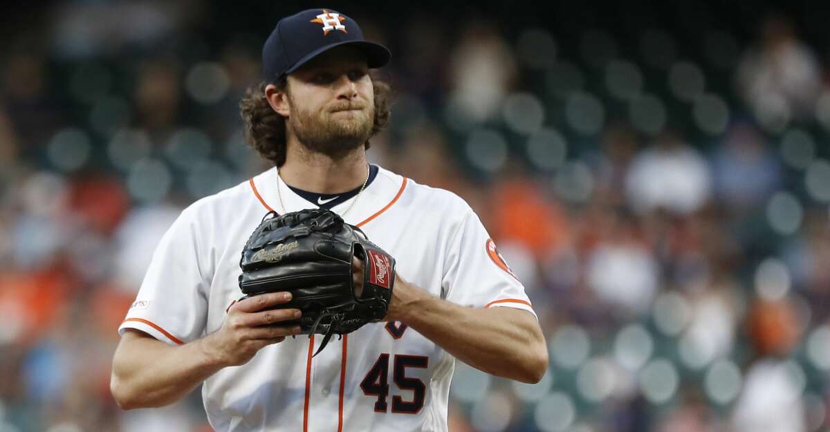 Houston Astros starting pitcher Gerrit Cole (45) reacts during the first inning of an MLB baseball game at Minute Maid Park, in Houston, Thursday, April 25, 2019.