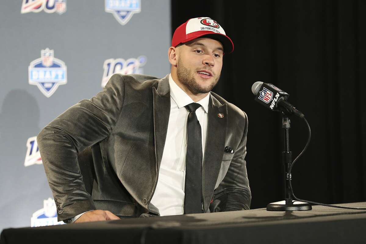 Ohio State defensive end Nick Bosa speaks at a press conference after the San Francisco 49ers selected Bosa in the first round at the NFL football draft, Thursday, April 25, 2019, in Nashville, Tenn. (AP Photo/Steve Luciano)