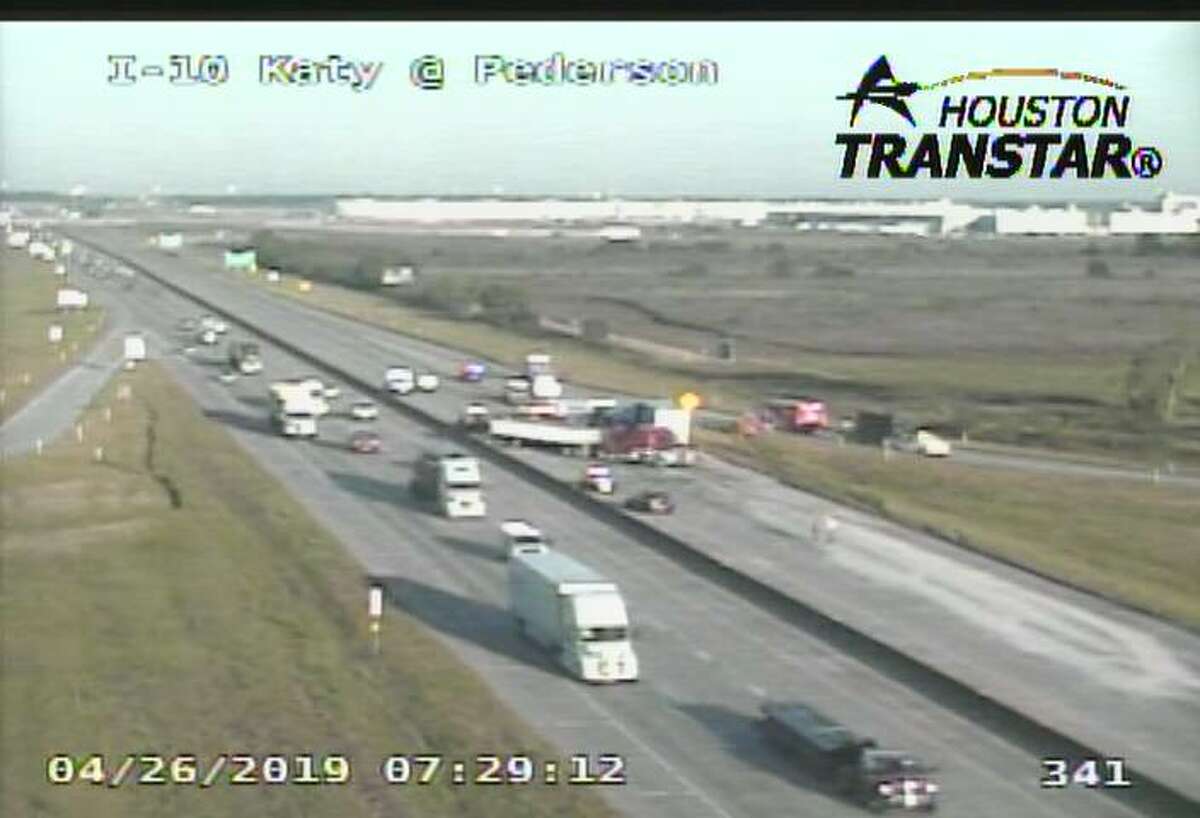 All westbound lanes of the Katy Freeway are closed at Pederson Road after a crash on Friday, April 26, 2019.