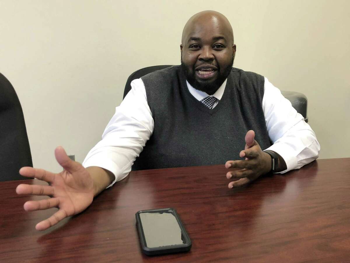 Rodney Robinson, of Richmond, Va., gestures during an interview at the Virgie Binford Educational Center, a school inside the Richmond Juvenile Detention Center in Richmond, Va. On Wednesday, Robinson was named the 2019 National Teacher of the Year. He will spend the next year traveling around the country as an ambassador for education and an advocate for teachers and students.