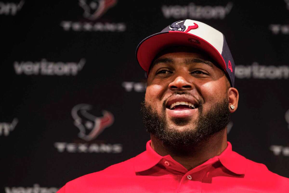 Houston Texans top draft pick Tytus Howard answers questions during an introductory news conference at NRG Stadium on Friday, April 26, 2019, in Houston. Howard, an offensive lineman from Alabama State was the 23rd overall selection in the 2019 NFL Draft.