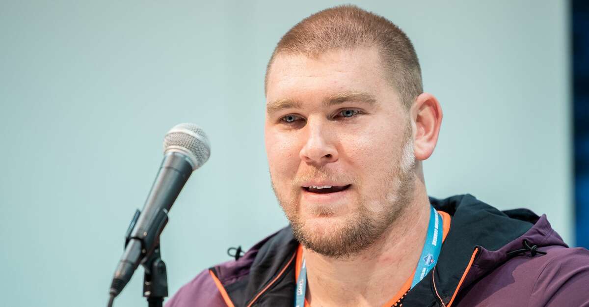 INDIANAPOLIS, IN - FEBRUARY 28: Northern Illinois tackle Max Scharping answers questions from the media during the NFL Scouting Combine on February 28, 2019 at the Indiana Convention Center in Indianapolis, IN. (Photo by Zach Bolinger/Icon Sportswire via Getty Images)