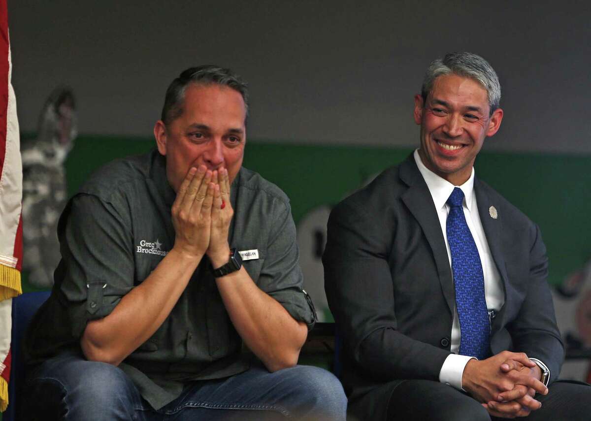 Mayor Ron Nirenberg,R, and Greg Brockhouse break down during the mayoral forum with a question on what district they would choose to live in and why. Brockhouse was from District 3 where the forum took place at Highland Hill Elementary School on Monday April 1 , 2019.