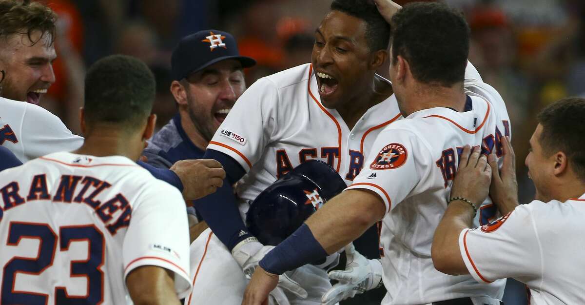 PHOTOS: 2019 Astros game-by-game  Houston Astros left fielder Tony Kemp (18) celebrates with teammates after hitting the game wining walk-off home run against the Cleveland Indians during the 10th inning of an MLB game at Minute Maid Park Saturday, April 27, 2019, in Houston. The Astros won 4-3. >>>See how the Astros have fared so far this season ... 