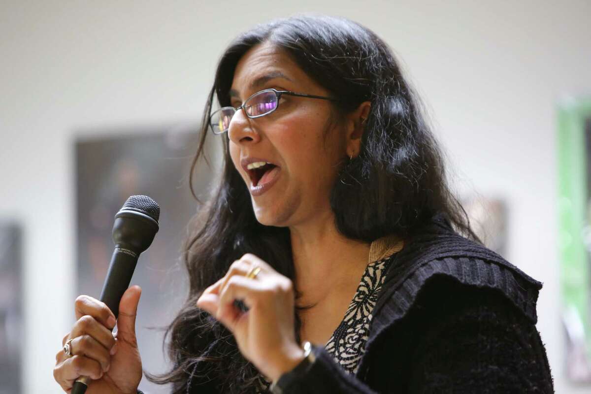 District 3 incumbent Kshama Sawant speaks during a candidate forum hosted by the King County Young Democrats, Sunday, April 28, 2019 . A political arm of Metropolitan Seattle Chamber of Commerce is hiring door-to-door canvassers as "independent" expenditure to boost her opponent.