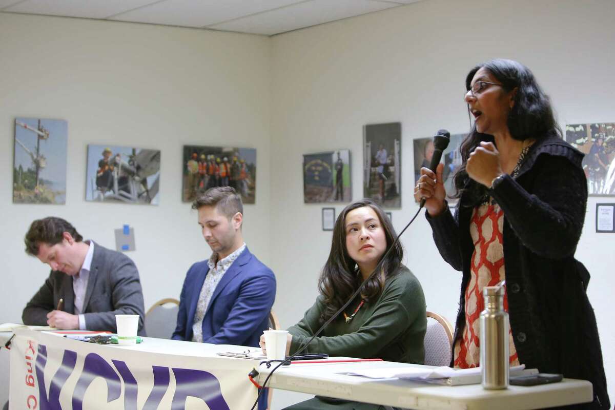District 3 candidates, from left, Logan Bowers, Zachary DeWolf, Ami Nguyen and incumbent Kshama Sawant particpate in a candidate forum hosted by the King County Young Democrats, Sunday, April 28, 2019 at the Washington State Labor Council. The YD's have endorsed DeWold and Nguyen, challengers to Sawant.