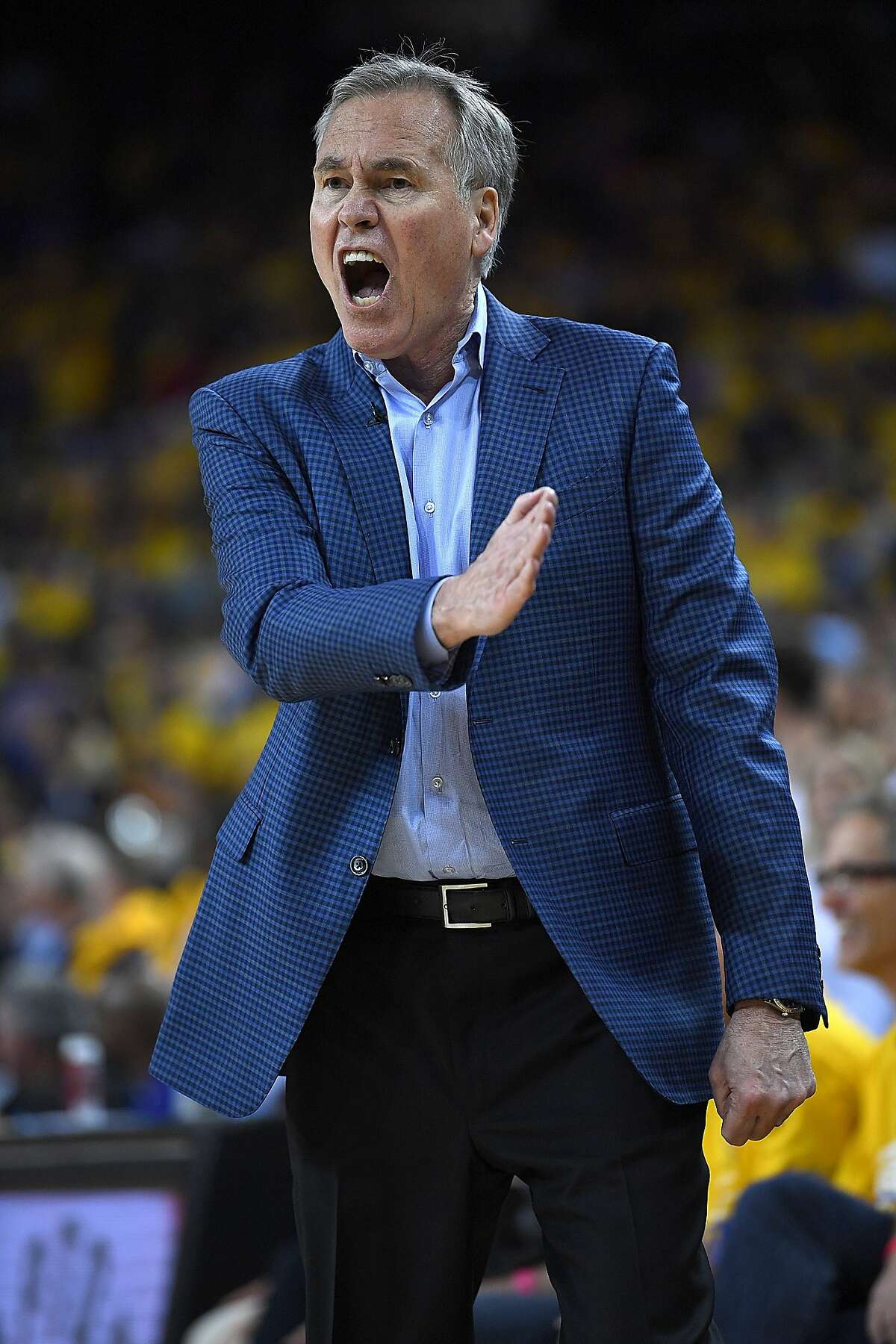 OAKLAND, CA - APRIL 28: Head coach Mike D'Antoni of the Houston Rockets reacts after he was called for a techical foul against the Golden State Warriors during Game One of the Second Round of the 2019 NBA Western Conference Playoffs at ORACLE Arena on April 28, 2019 in Oakland, California. NOTE TO USER: User expressly acknowledges and agrees that, by downloading and or using this photograph, User is consenting to the terms and conditions of the Getty Images License Agreement. (Photo by Thearon W. Henderson/Getty Images)