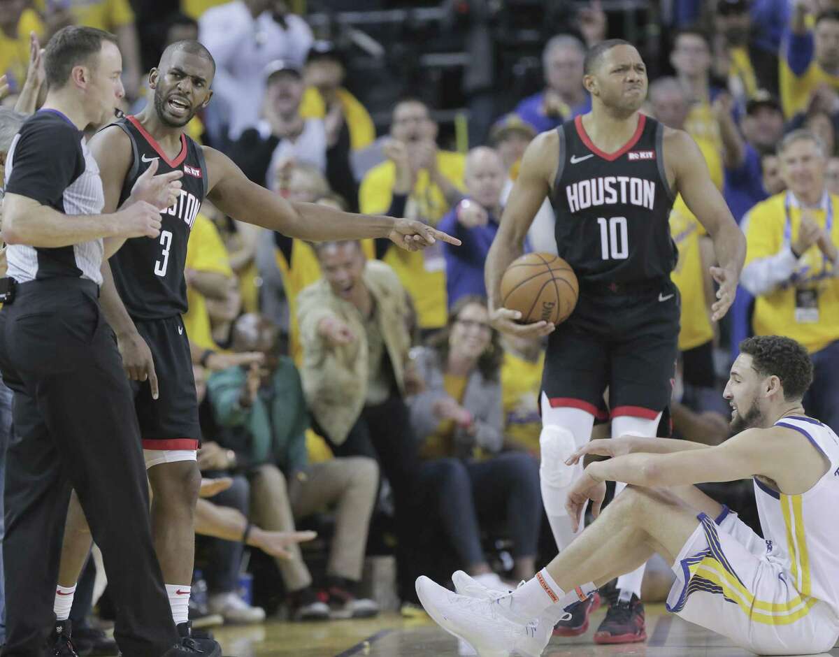 Rockets guard Chris Paul (3) complains about a call in the final seconds of the second half of Sunday’s game against the Warriors at Oakland, Calif. Golden State won 104-100 to take a 1-0 lead in the Western Conference second-round playoff series.