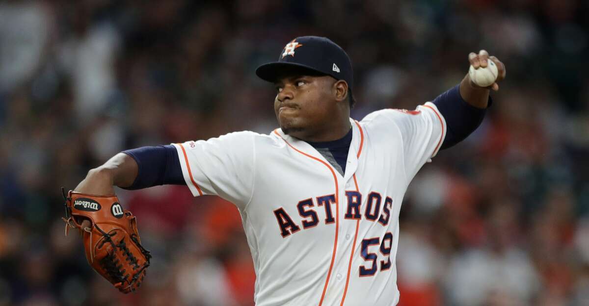 Houston Astros pitcher Framber Valdez (59) pitches during the seventh inning of a major league baseball game at Minute Maid Park Sunday, April 28, 2019, in Houston.