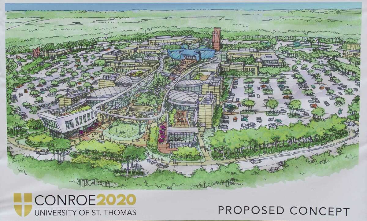 A rendering of a satellite campus of University of St. Thomas in the 220-plus acre Deison Technology Park is seen at a press conference, Monday, April 29, 2019, in Conroe. The purposed Conroe location would be the third site for the Houston-based Catholic university, which has its main campus in the Montrose area and another campus for its St. Mary’s Seminary, which houses the university’s school of theology.