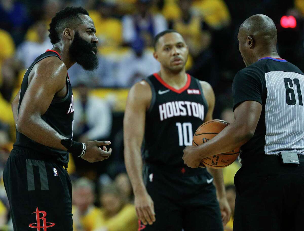 PHOTOS: A look at the Rockets' Game 1 loss in Oakland Houston Rockets James Harden argues a call with referee Courtney Kirkland in the second quarter during game 1 of the Western Conference Semifinals between the Golden State Warriors and the Houston Rockets at Oracle Arena on Sunday, April 28, 2019 in Oakland, Calif.