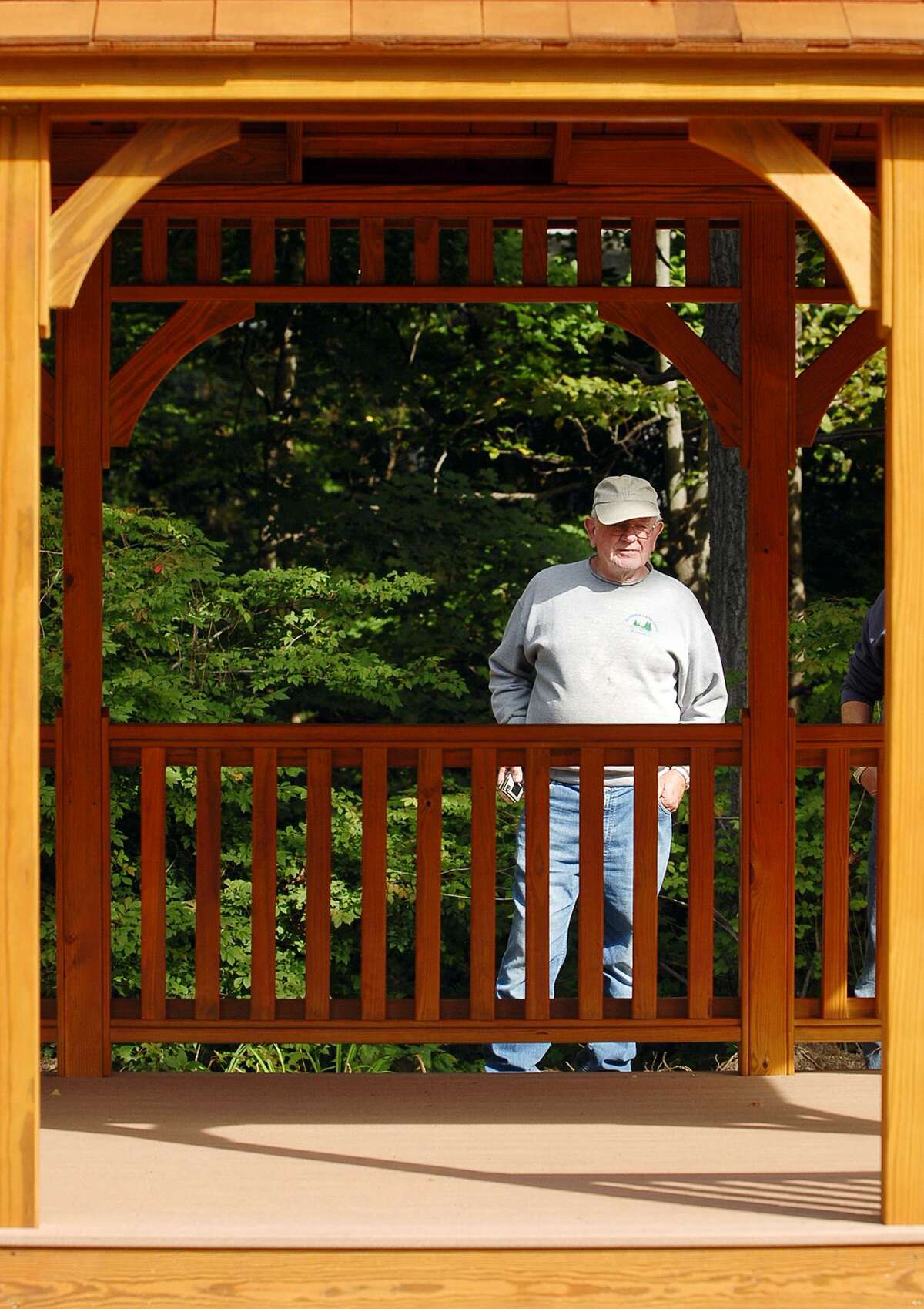 Seymour Land Trust President Frank Conroy looks over a gazebo purchased by the trust for the VFW Memorial Park site in 2006.