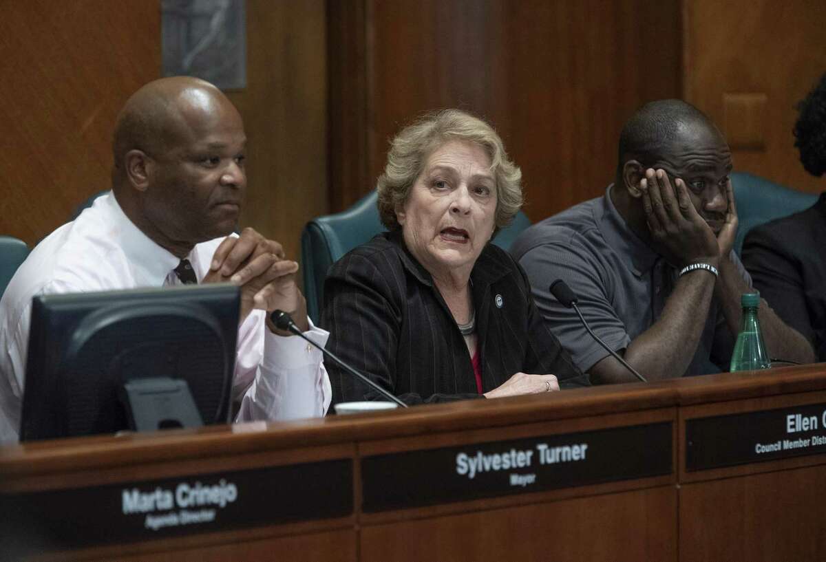 Mayor Pro-Tem Ellen Cohen (center) announces that she will not be staying to hear an appearance by Houston Fire Department Chief Sam Pena at a Houston City Council ethics committee meeting Monday afternoon at City Hall stating that she believes the panel has "nothing to do with ethics" before walking out, Monday, April 29, 2019. Councilman Dwight Boykins (left) and Jerry Davis (right) listen as Cohen speaks.