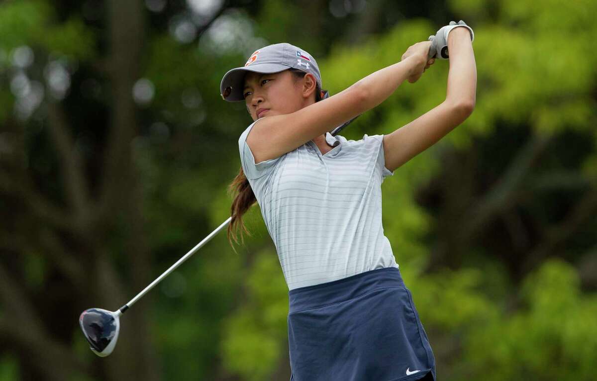 Lauren Nguyen of Seven Lakes hits off the 10th tee box during the final round of the Class 6A UIL State Golf Championships at Legacy Hills Golf Club, Tuesday, May 22, 2018, in Georgetown.