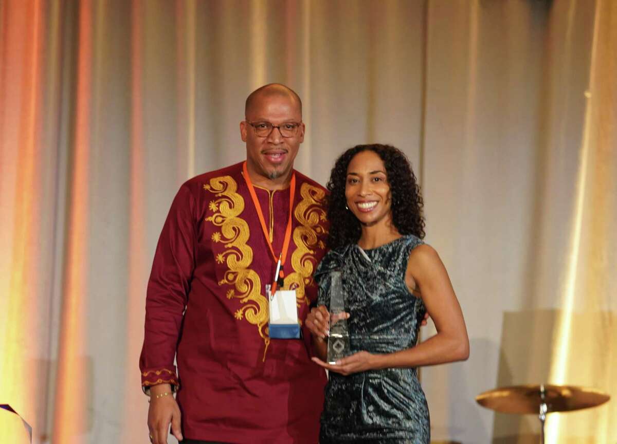 Kara Straun, right, poses with AFBE’s Vice President of Programs Edward Jones at the James A. Joseph Lecture & Awards Ceremony at ABFE’s annual conference, this year titled “HARAMBEE: Let’s All Pull Together.”