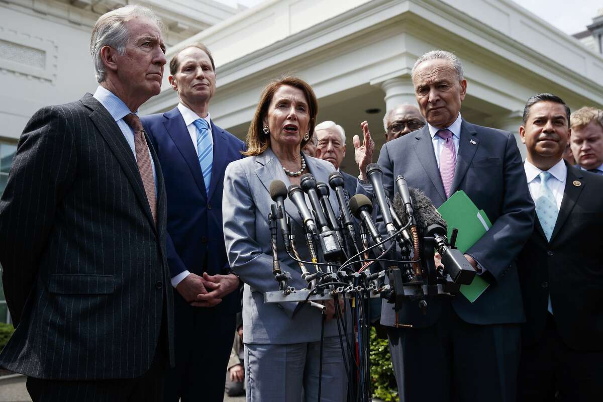 Speaker of the House Nancy Pelosi of Calif., talks with reporters after meeting with President Donald Trump about infrastructure, at the White House, Tuesday, April 30, 2019, in Washington. (AP Photo/Evan Vucci)