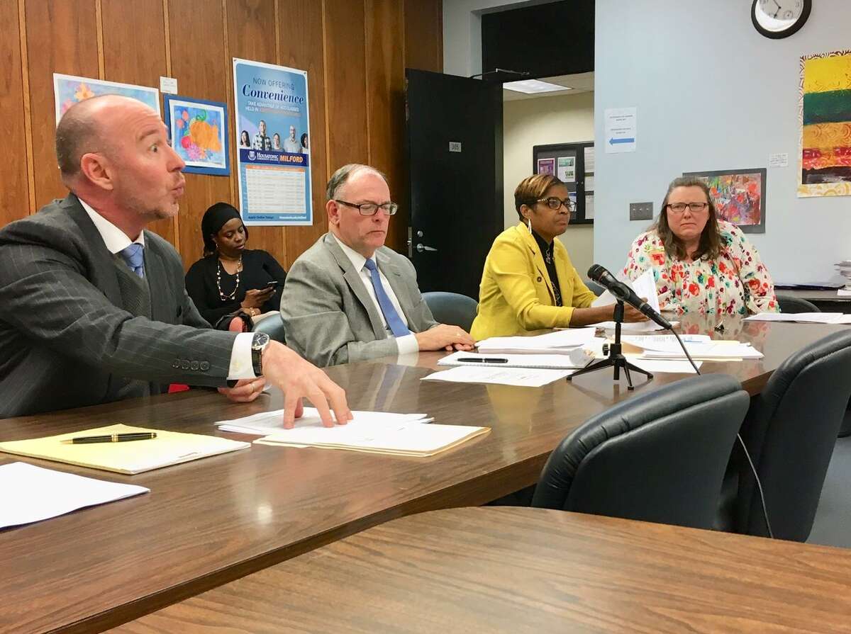 A grievance about teacher lunch and hall duty is heard by Bridgeport Board of Education on April 29, 2019.